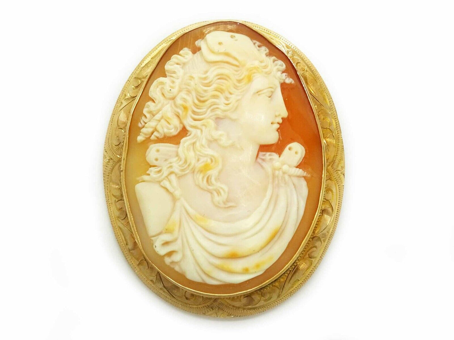 Large Finely Detailed Victorian Shell Cameo Brooch Pin Pendant 10k Gold