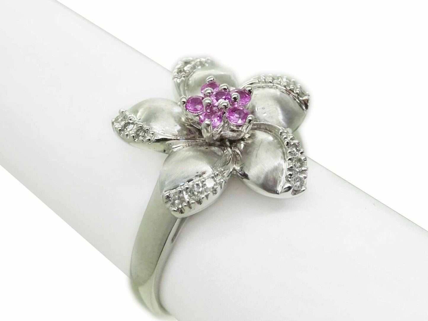 LeVian Natural Pink Sapphire & Diamond Flower Ring 14k White Gold Size 10