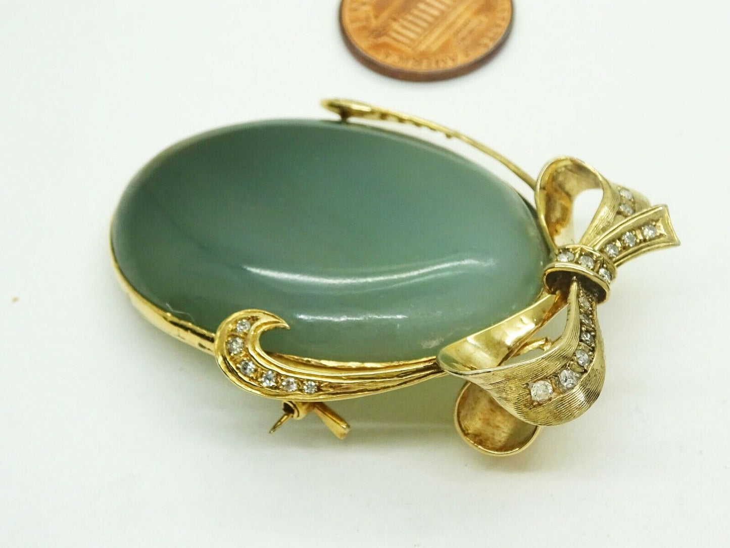 Natural Jadeite & Earth Mined Diamond Ribbon Brooch Pendant 14k Mason-May Report