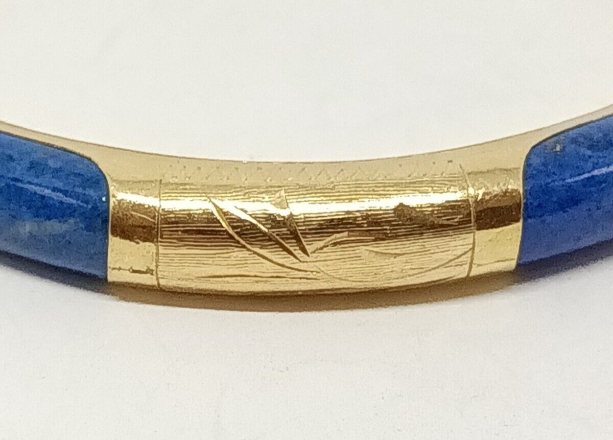 Vintage 14k Yellow Gold Lapis Lazuli Bangle Bracelet W/ Chain