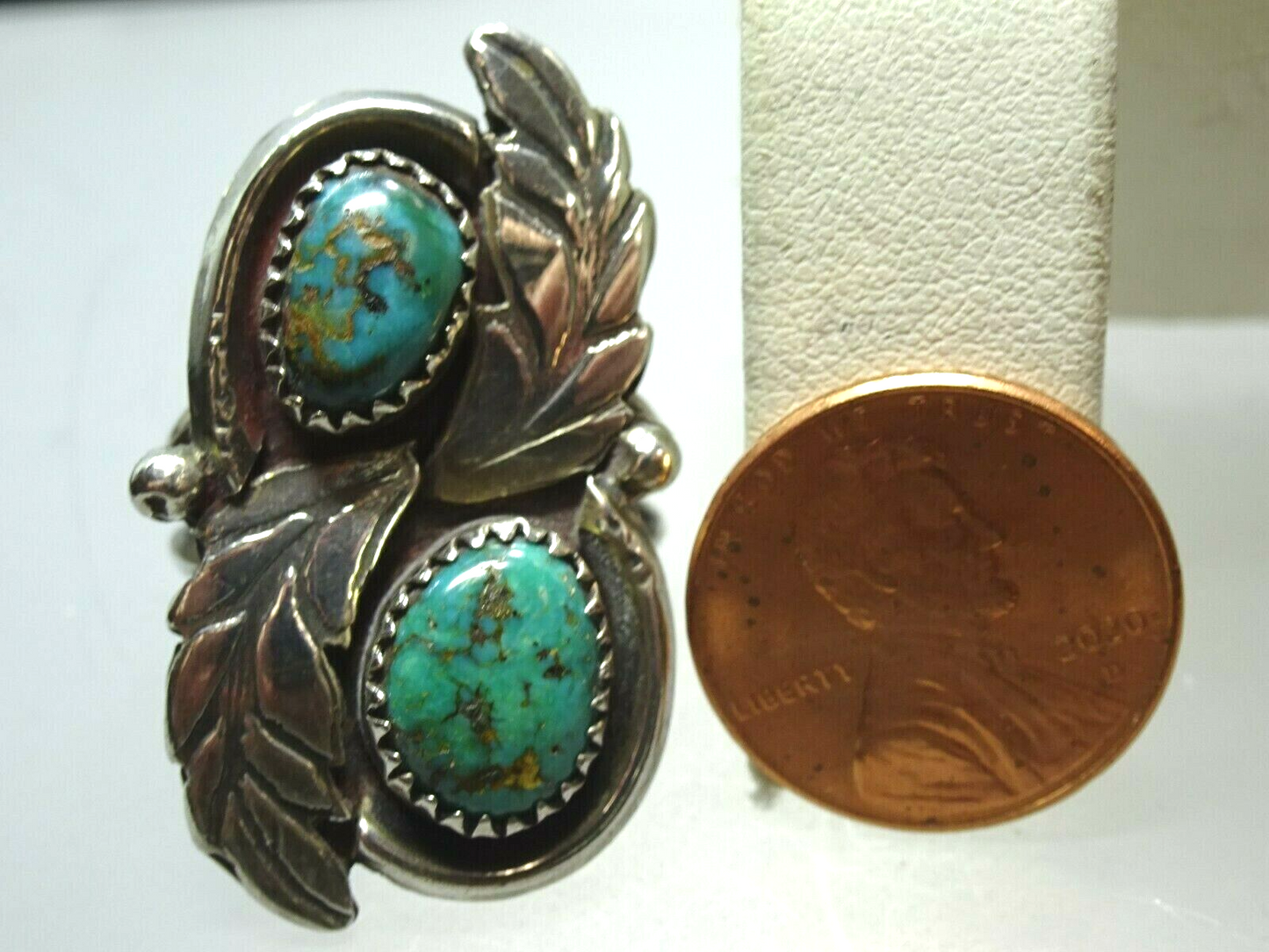 Large Old Pawn Native American Navajo Sterling & Turquoise Ring, Sawtooth Bezel