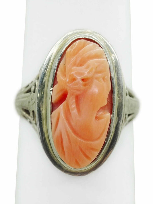 Salmon Coral Cameo Filigree Ring 18k White Gold Size 5.75