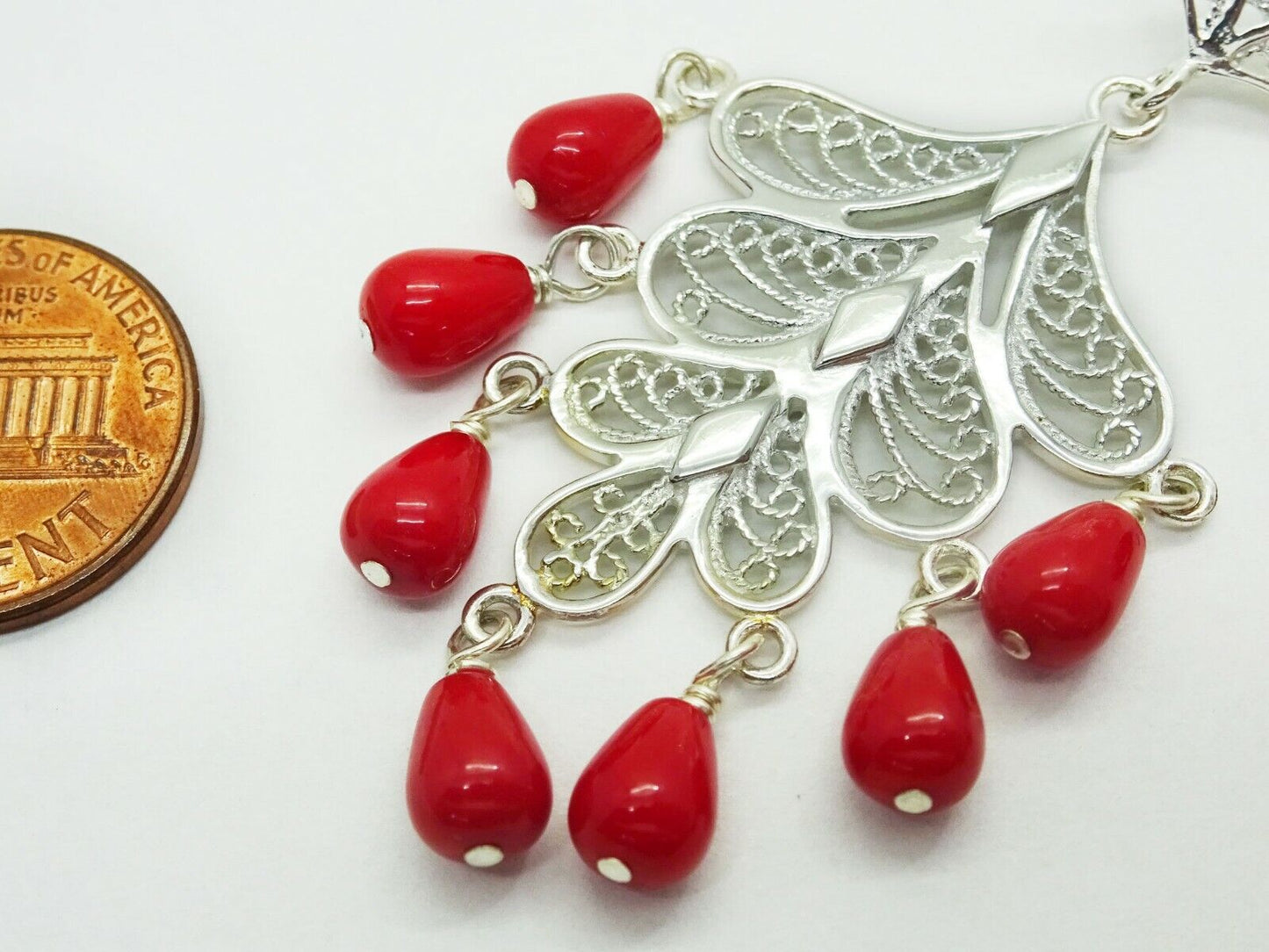 Oxblood Red Persian Coral Dangle Filigree Sterling Silver Earrings