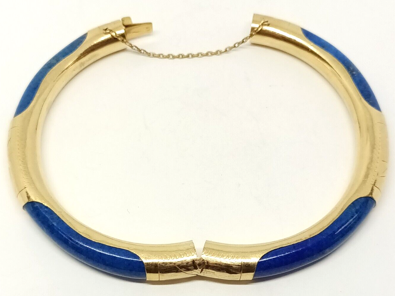 Vintage 14k Yellow Gold Lapis Lazuli Bangle Bracelet W/ Chain