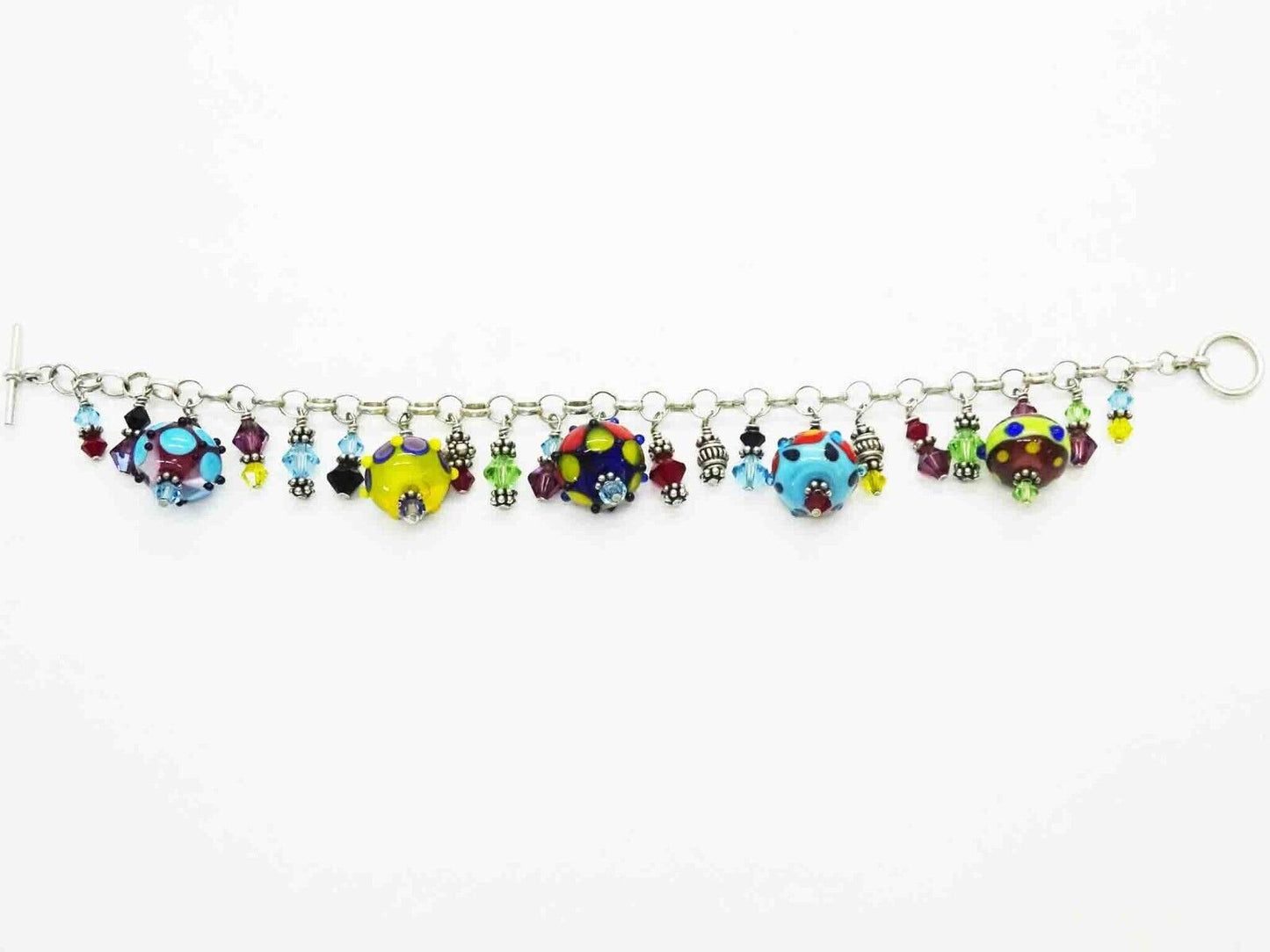 Colorful Murano Glass & Crystal Bead Charm Toggle Charm Bracelet Sterling Silver