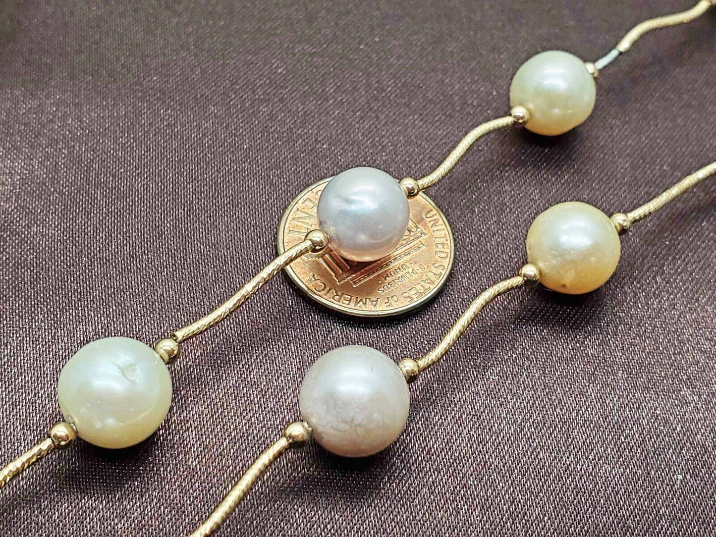 Akoya Pearl Station & 14k Gold Dia-Cut Tube Link Necklace