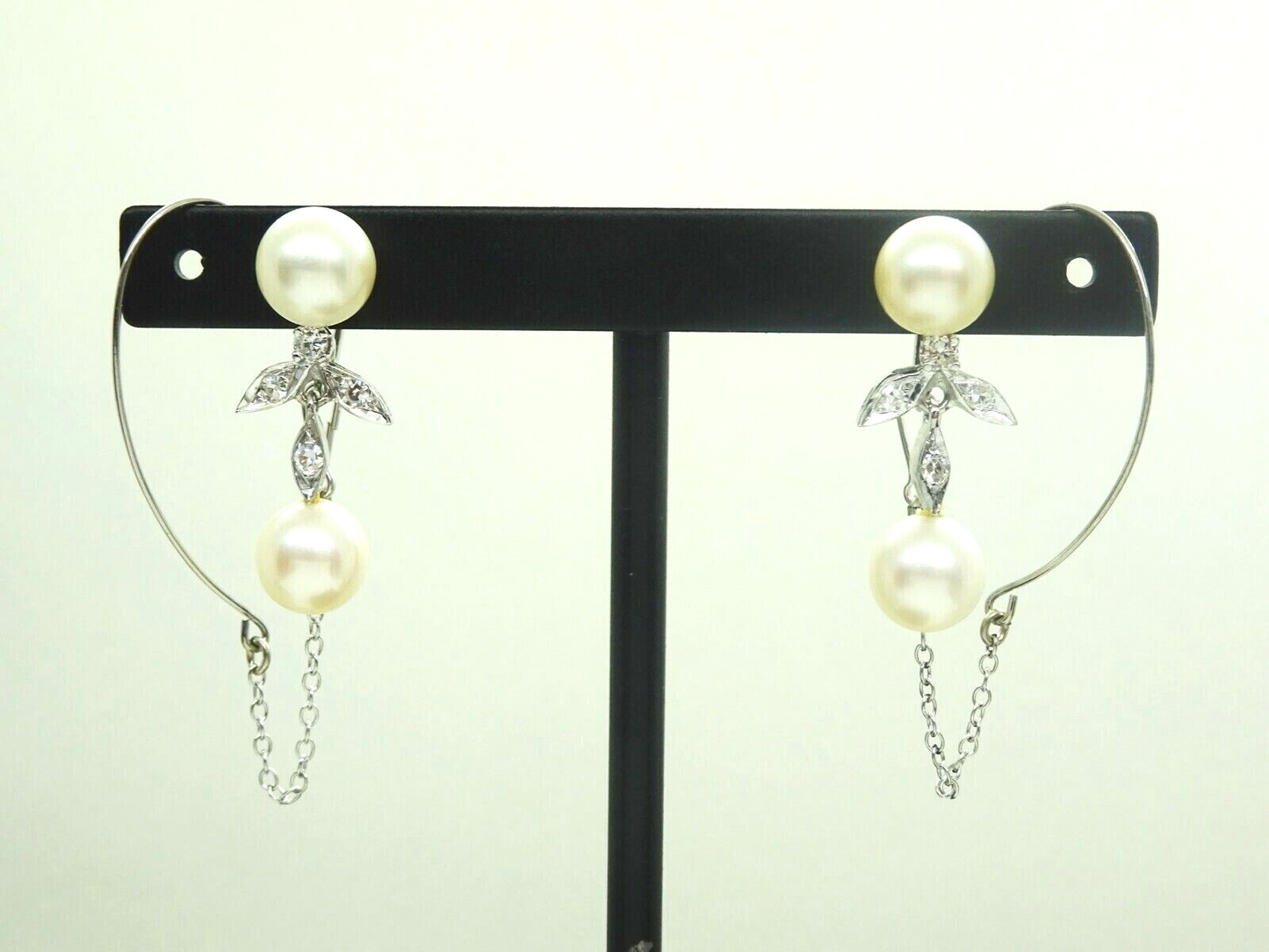 Akoya Pearl & Colorless DIAMOND Dangle Earrings SOLID 14K WHITE GOLD w/Ear Hooks