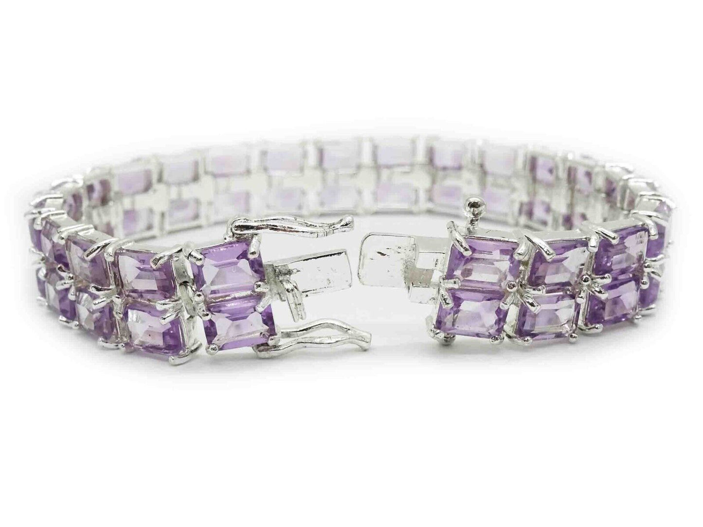 Em-Cut Natural Amethyst Double Row 12mm Tennis Bracelet Sterling Silver 7.25"