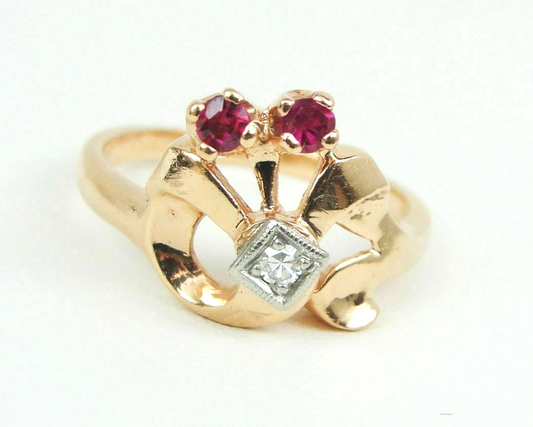 Retro 0.13ct tw Natural Ruby & Diamond Ring 14k Rose Gold Palladium Size 6.25