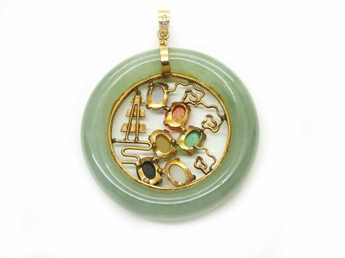 Multicolor Jade Round Filigree Bezel Pendant 14k Gold