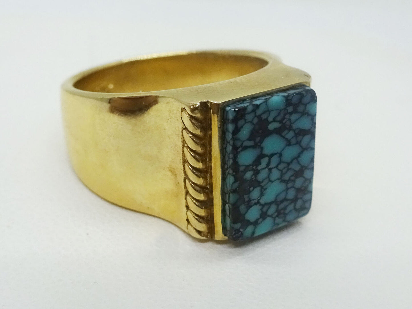 Genuine Carusetta Spider Web Turquoise & 14k Yellow Gold Ring, Size 6.5