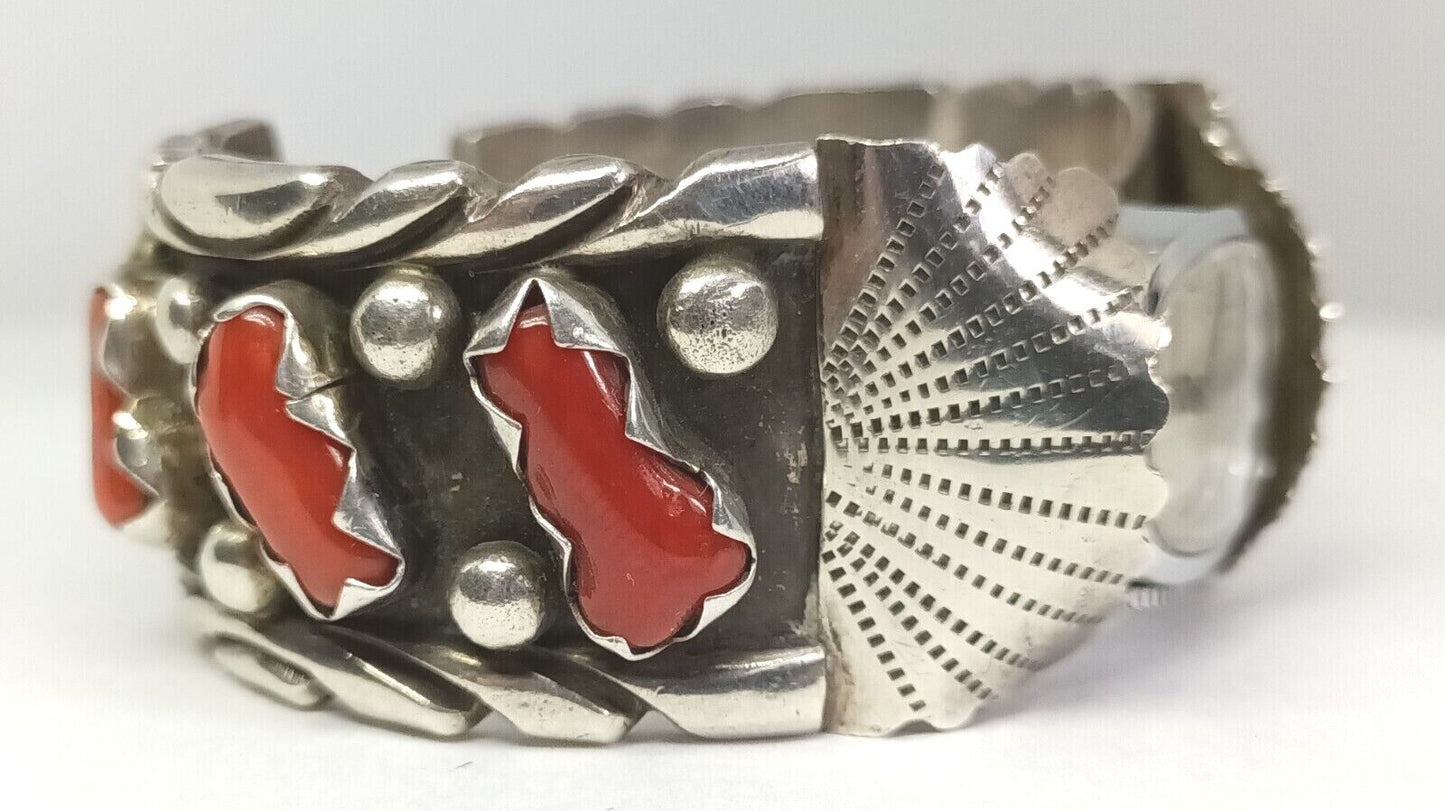 Vintage Southwestern Sterling Silver Watch Cuff Bracelet W/ Coral