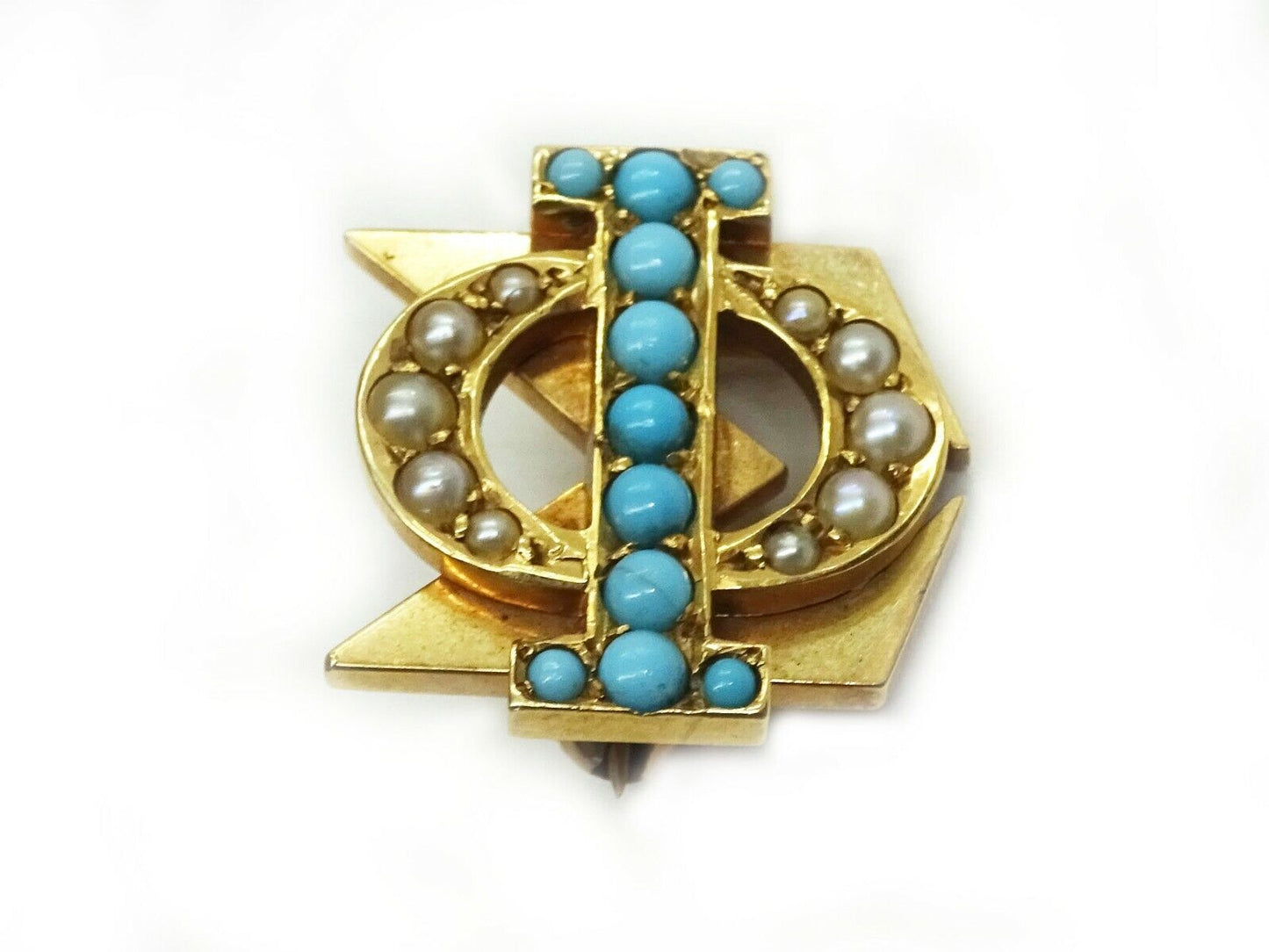 Antique 1911 Phi Sigma Fraternity/Sorority Pin 14k Gold Seed Pearls & Turquoise
