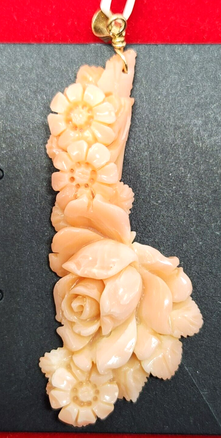 Carved Floral Angel Skin Coral 14k Gold Pendant 2.5" Long