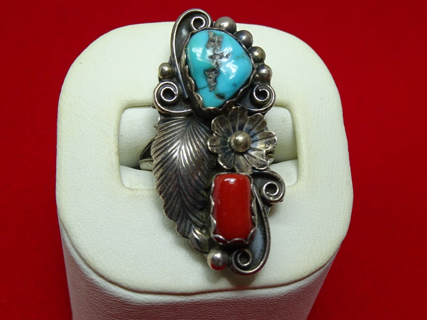 Old Pawn Native American Navajo Sterling Silver Turquoise Coral Ring, Angela Lee