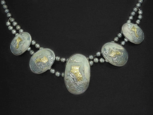 Vintage Artisan Sterling Silver Bead Necklace Pottery Art Engraved Discs Signed