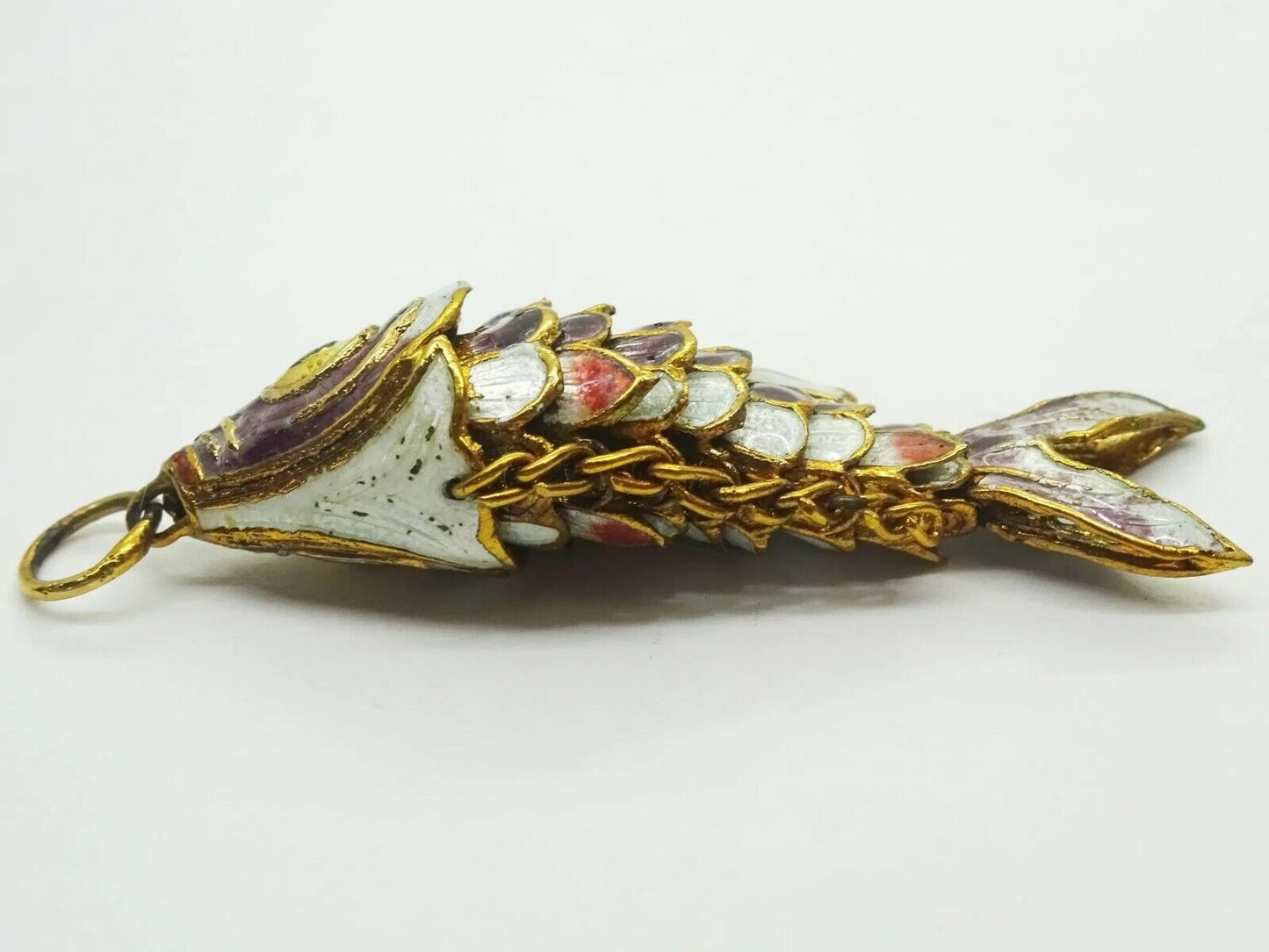 Vintage Chinese Sterling Gold Wash Purple Enamel Articulated Fish Pendant