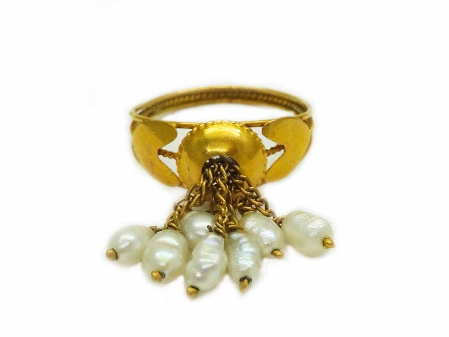 Natural Rice Pearl Bead Dangle Cluster Filigree Band Ring 14k Gold Size 7