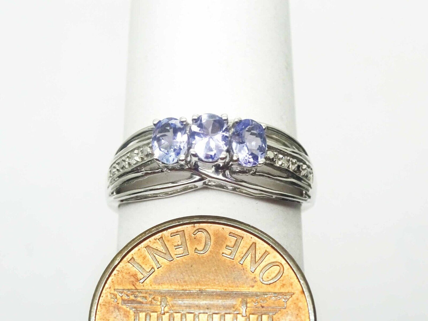 3-Stone Natural Blue Amethyst & Diamond Filigree Ring 10k White Gold Size 7