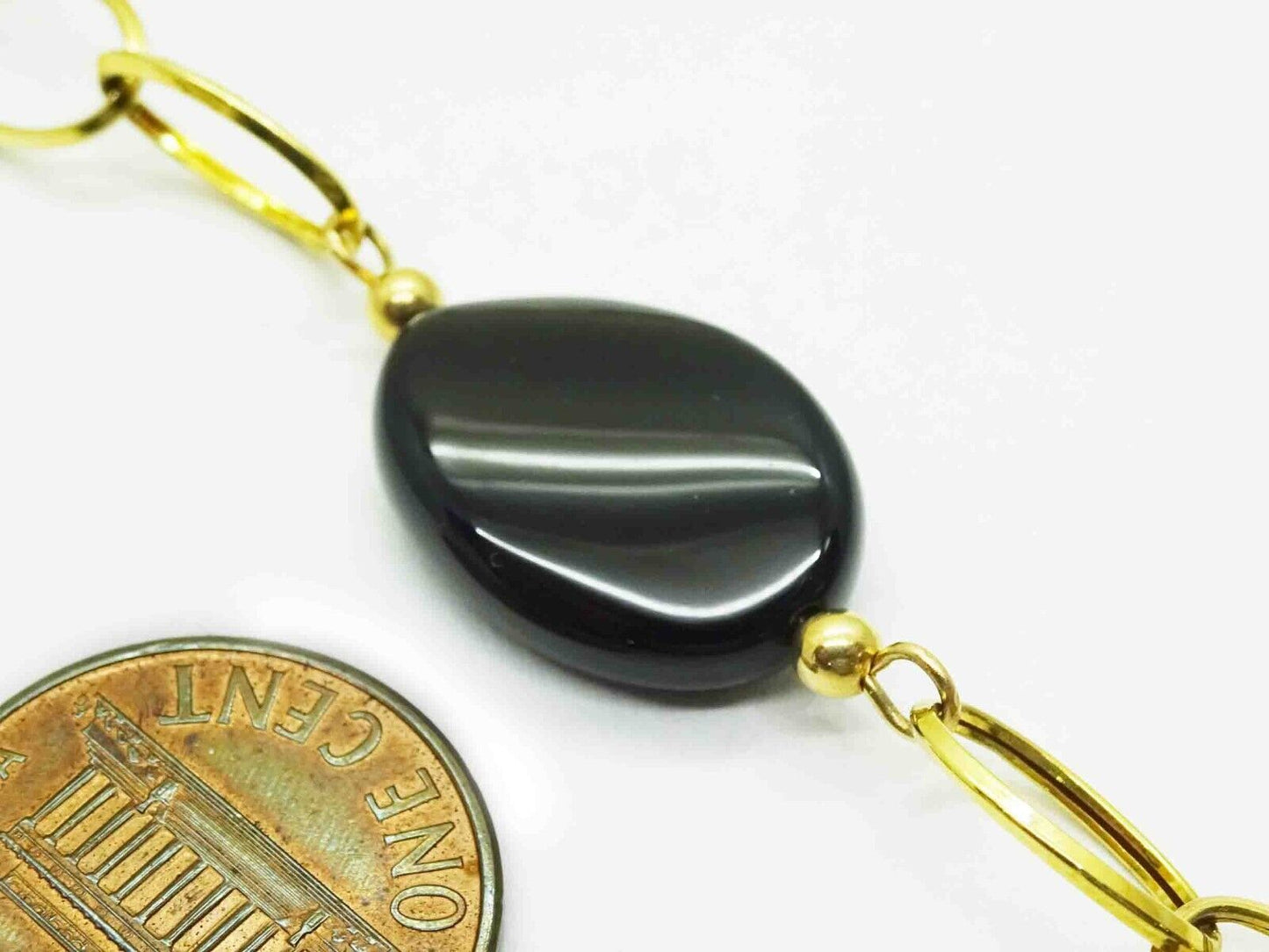 JJT Designer Black Onyx & 14k Gold Station Link Necklace 24"