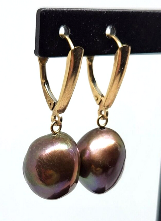 Freshwater Cultured Chocolate Pearl 14k Yellow Gold Dangle Earrings