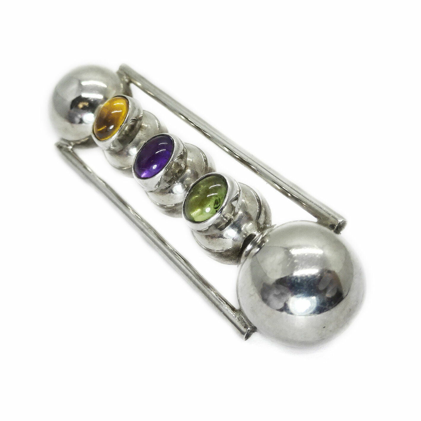 Vintage Taxco Modernist Peridot Amethyst Citrine Brooch Sterling Silver Signed