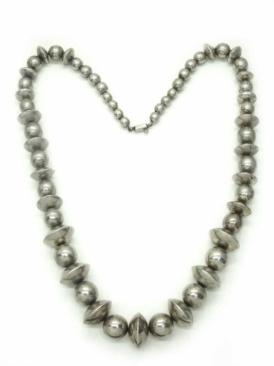 Vintage Mexico Sterling Silver Round & Saucer Bench Bead Necklace 28"