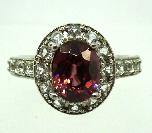 Synthetic Pink Gem & CZ Ring Rhodium Plated Sterling Silver Size 9.5