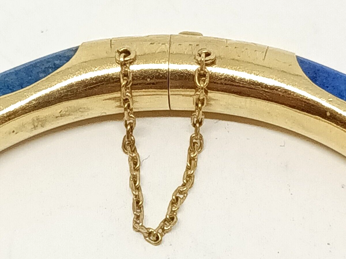 Vintage 14k Yellow Gold Lapis Lazuli Bangle Bracelet W/ Chain