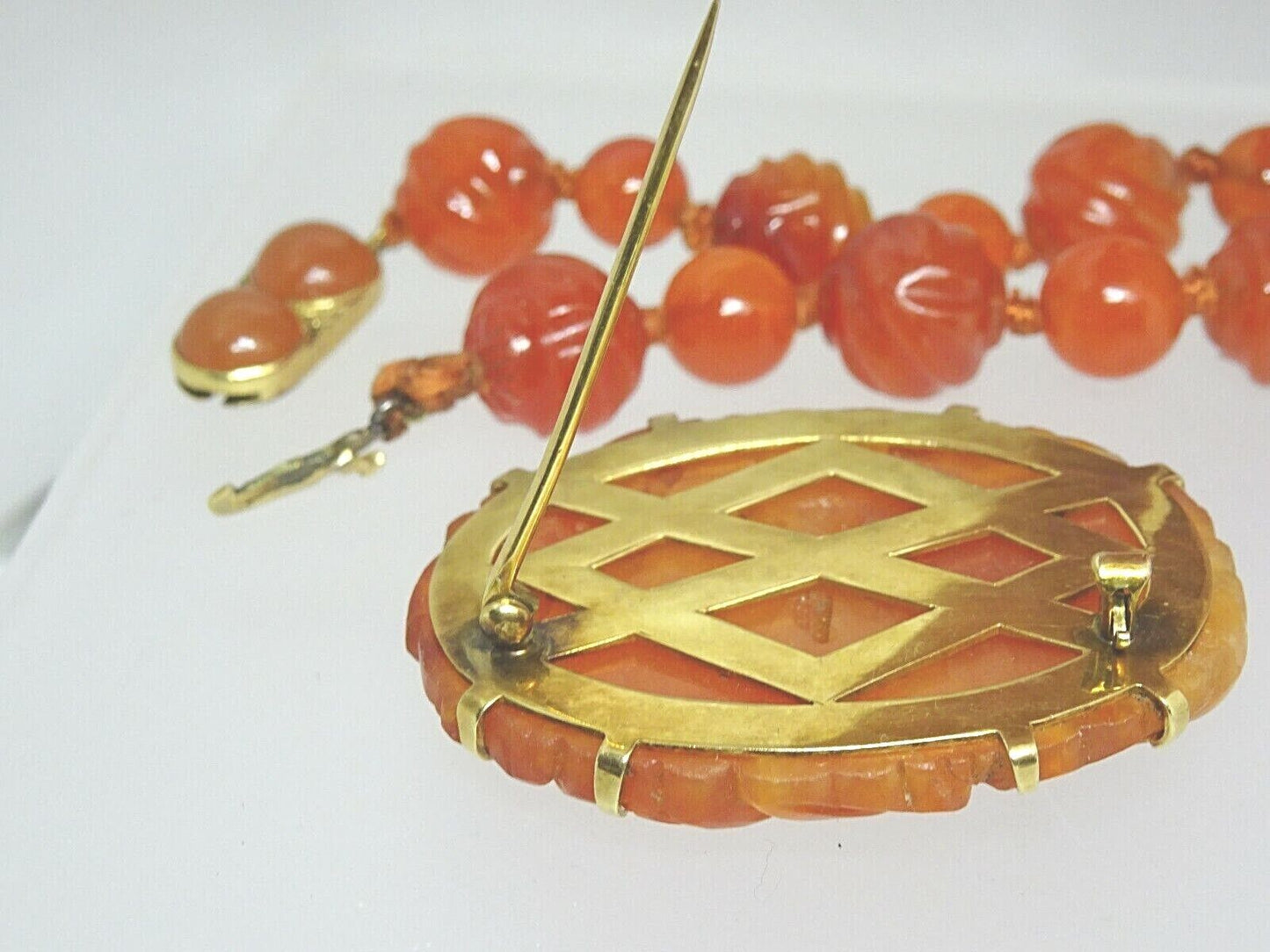 Vintage Carnelian Hand Knotted Carved Bead Necklace & Brooch Set 14k Gold Clasp