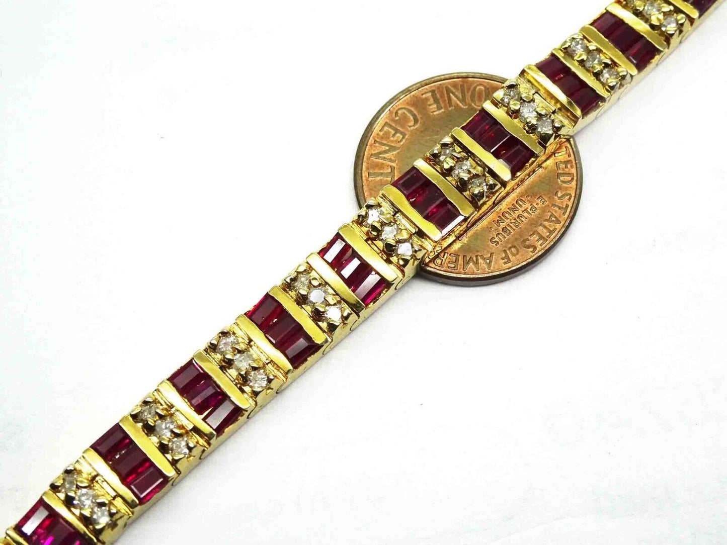 Natural Heat Treated Ruby & Diamond Link Bracelet 14k Gold 7.25"