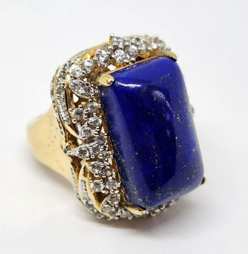 Natural Lapis Lazuli & CZ Vermeil Sterling Silver Ring, Size 7