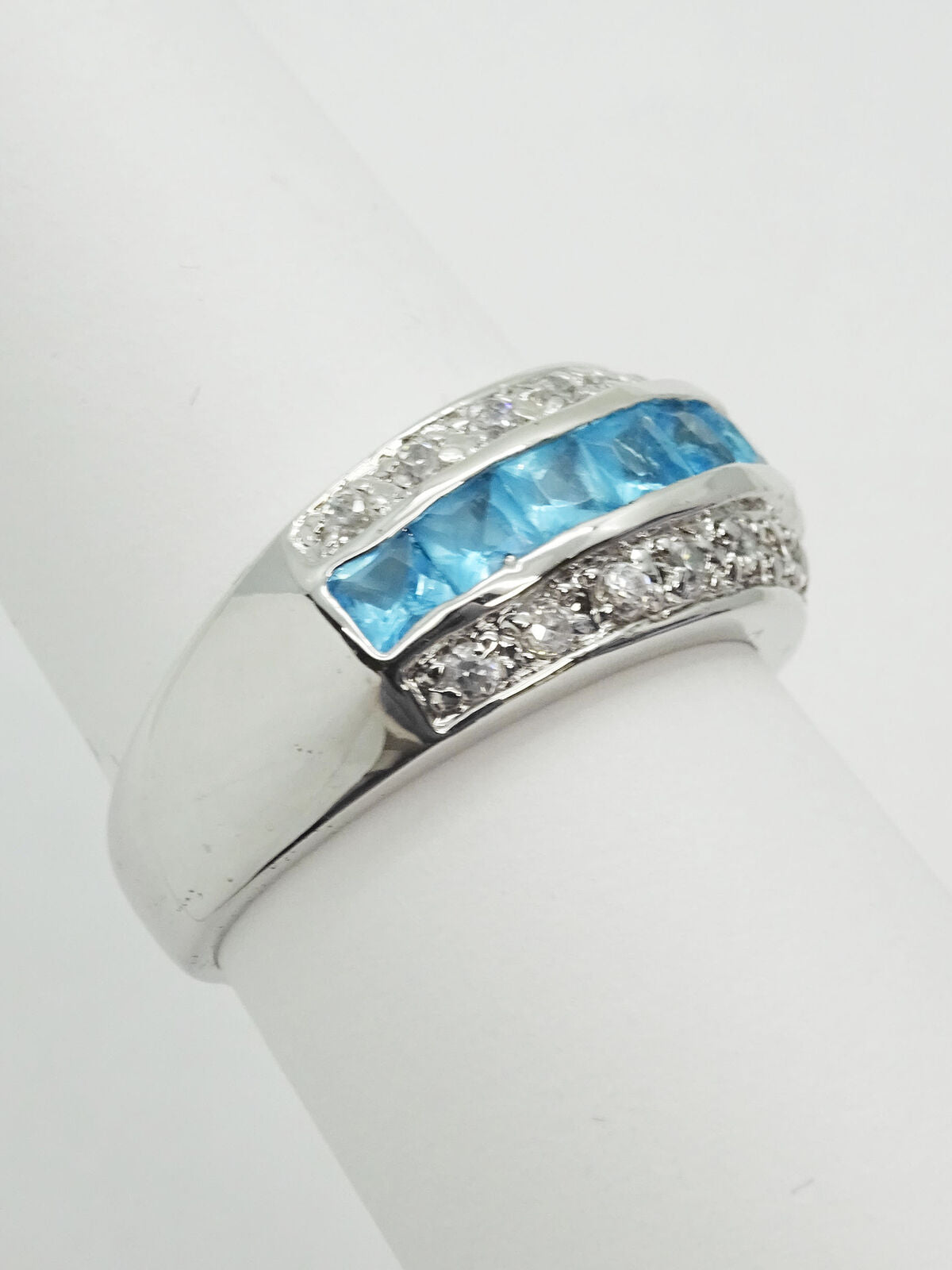 Princess Faux Blue Topaz & CZ 3-Row Band Ring, Size 10