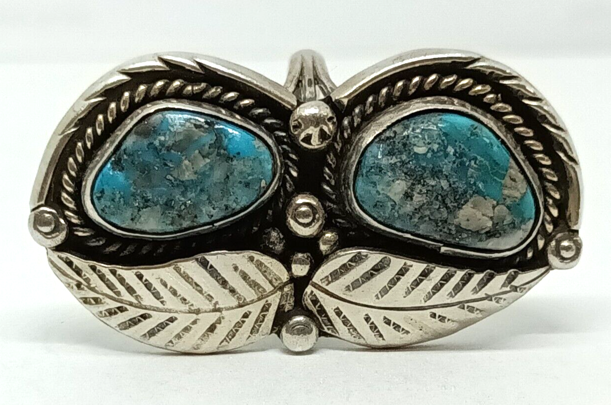 Native American Hand Signed Turquoise & Sterling Silver Ring Size 8.5, 14.5 g