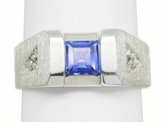 Men's Square Natural Sapphire & Diamond Accent Ring 10k White Gold Size 7.75