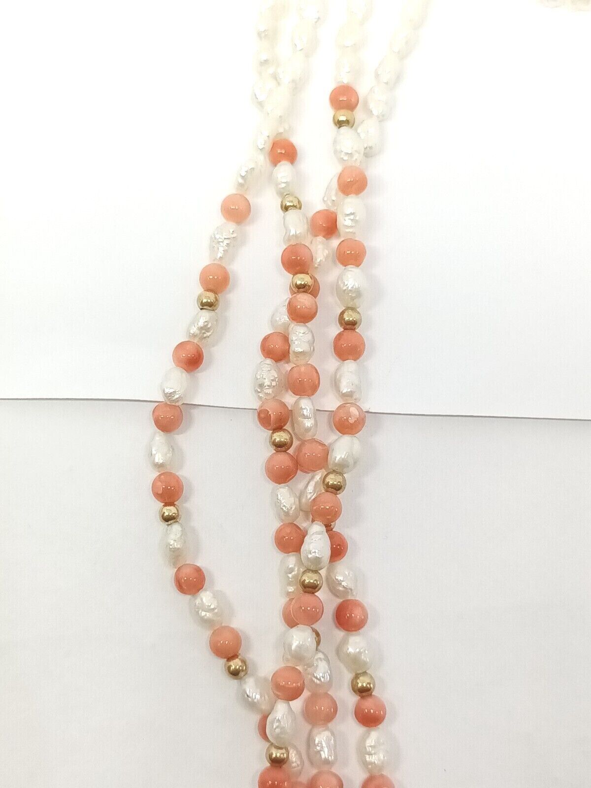 Freshwater Pearl and Coral 14k Yellow Gold 4 Strand Bead Necklace + Bonus