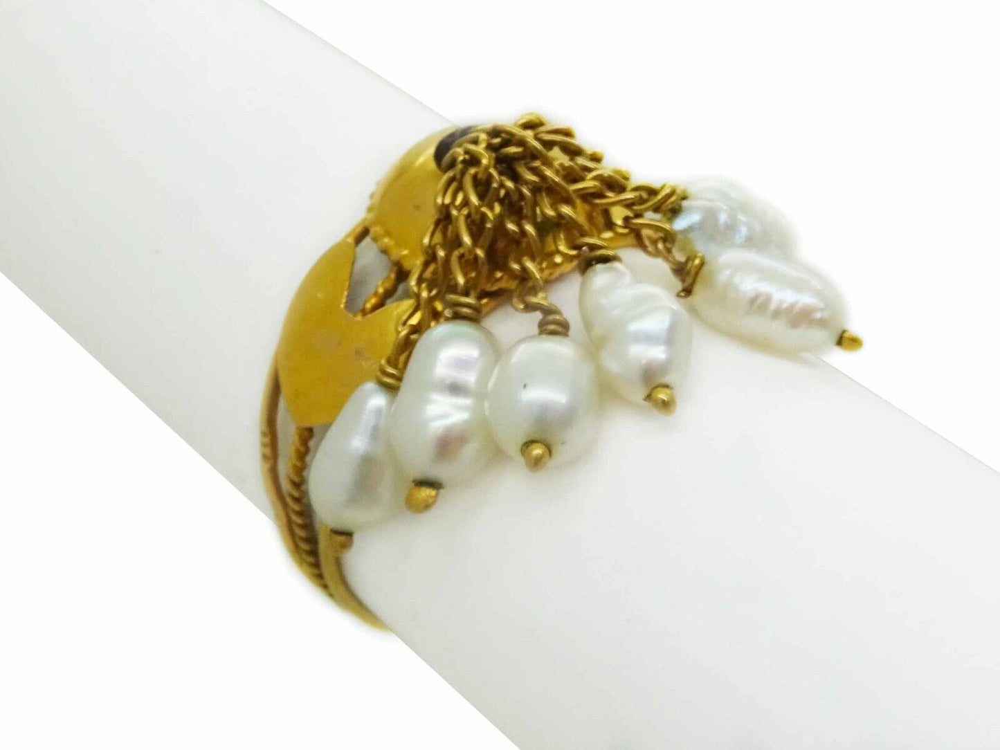 Natural Rice Pearl Bead Dangle Cluster Filigree Band Ring 14k Gold Size 7