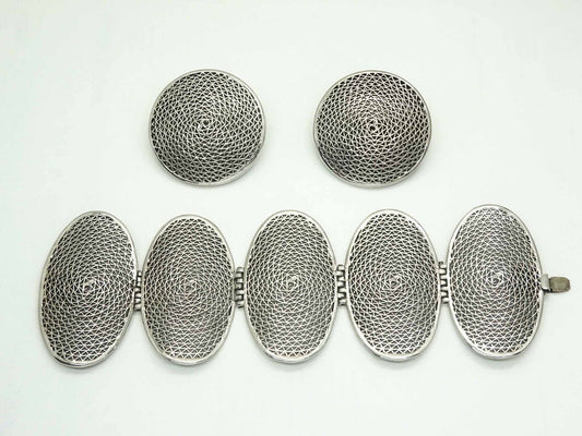 Huge Vendome Designer Basketweave Pattern Bracelet & Earrings Set Silver Tone