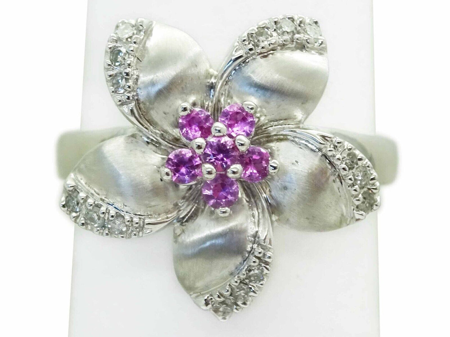 LeVian Natural Pink Sapphire & Diamond Flower Ring 14k White Gold Size 10