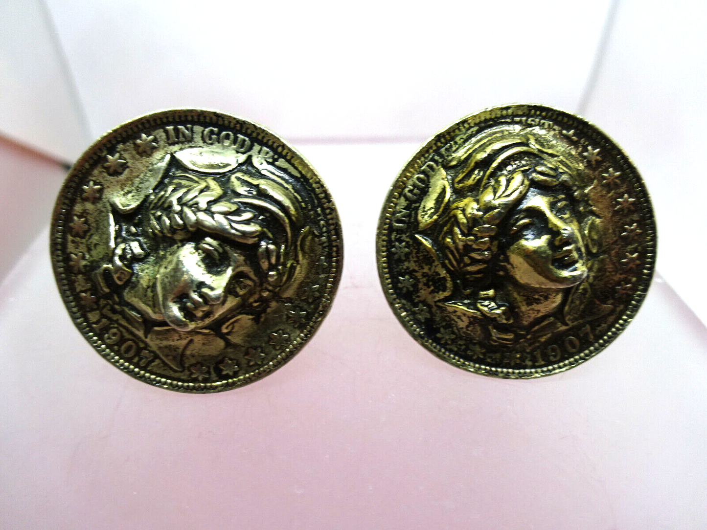 Vintage Lady Liberty Repousse Face 3D 1907 Half Dollar Coin Cuff Links, 29.2 g