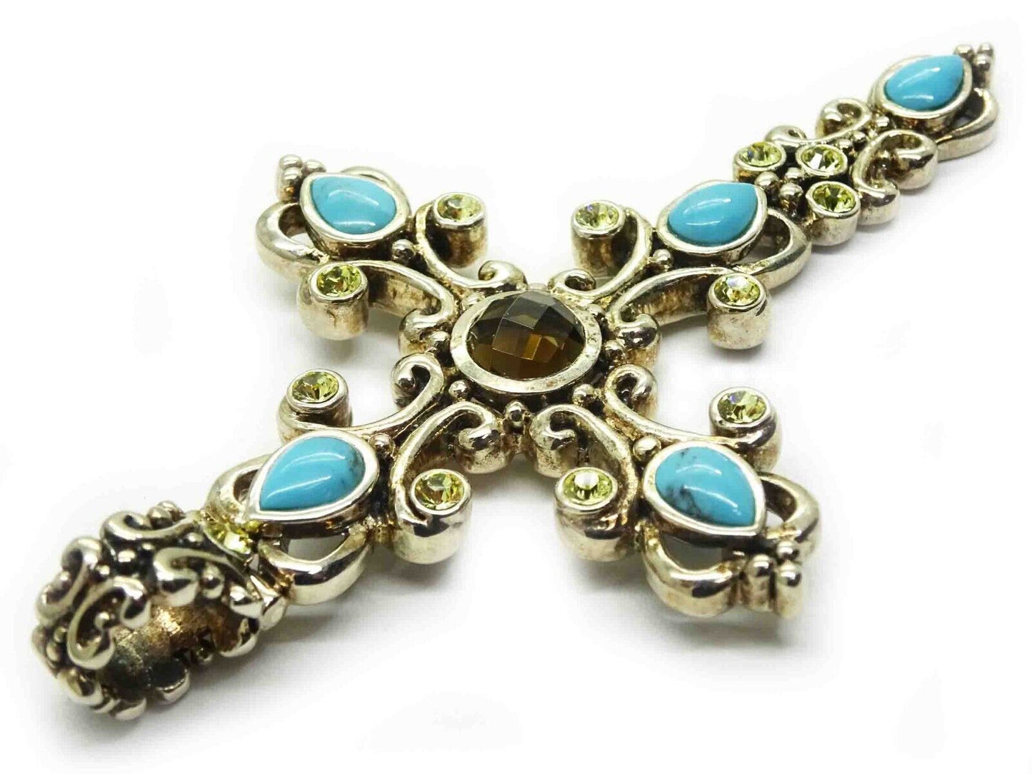 Barse Designer Turquoise CZ Smoky Quartz Sterling Silver Cross Pendant