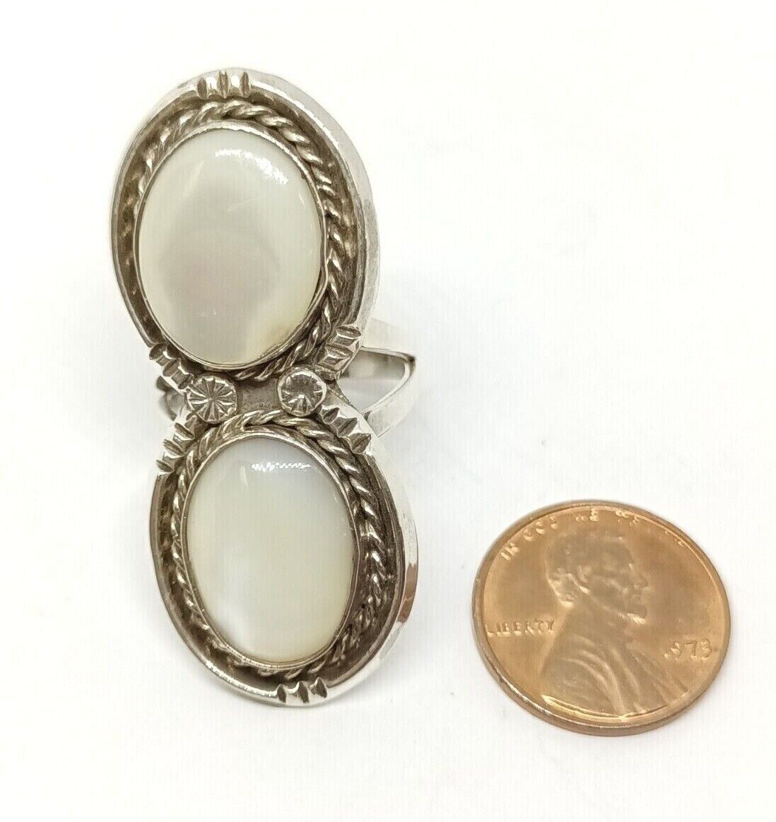 Double Mother of Pearl Cabochon Sterling Silver Ring Size 7