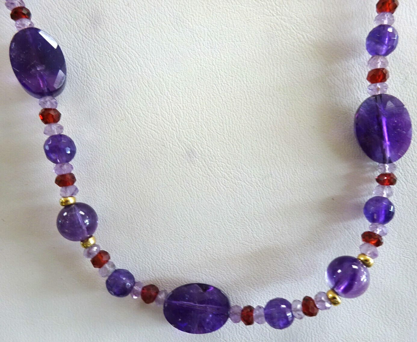 Zoe B. Designer Signed 14K Gold, Amethyst & Garnet Bead Necklace 34", Extra Long