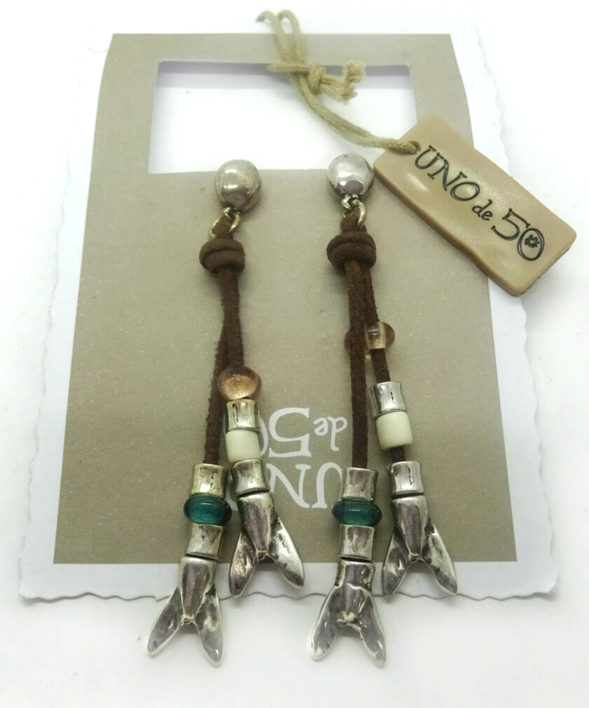 UNO de 50 “Colita con Colita” Crystal Beaded Silver Plated, Leather Earrings