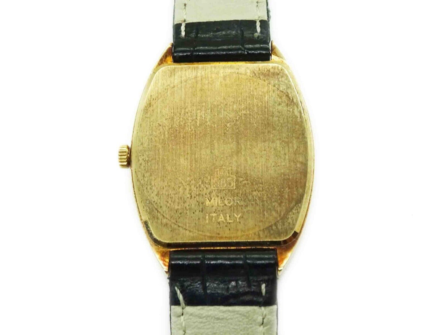 Vicence Milor Italy Ladies Watch Tonneau Barrel Case 14k Gold Black Leather