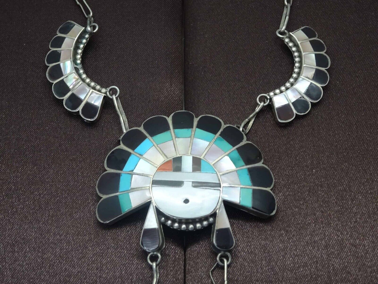 J.D. Massie Inlay Turquoise Coral Jet Mother-of-Pearl Zuni Sun God Necklace