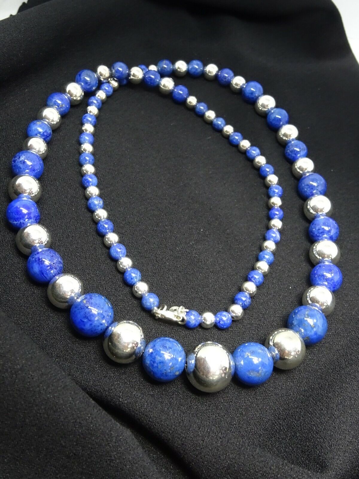 Natural Lapis Lazuli and Sterling Silver Bead Necklace 30" Extra Long