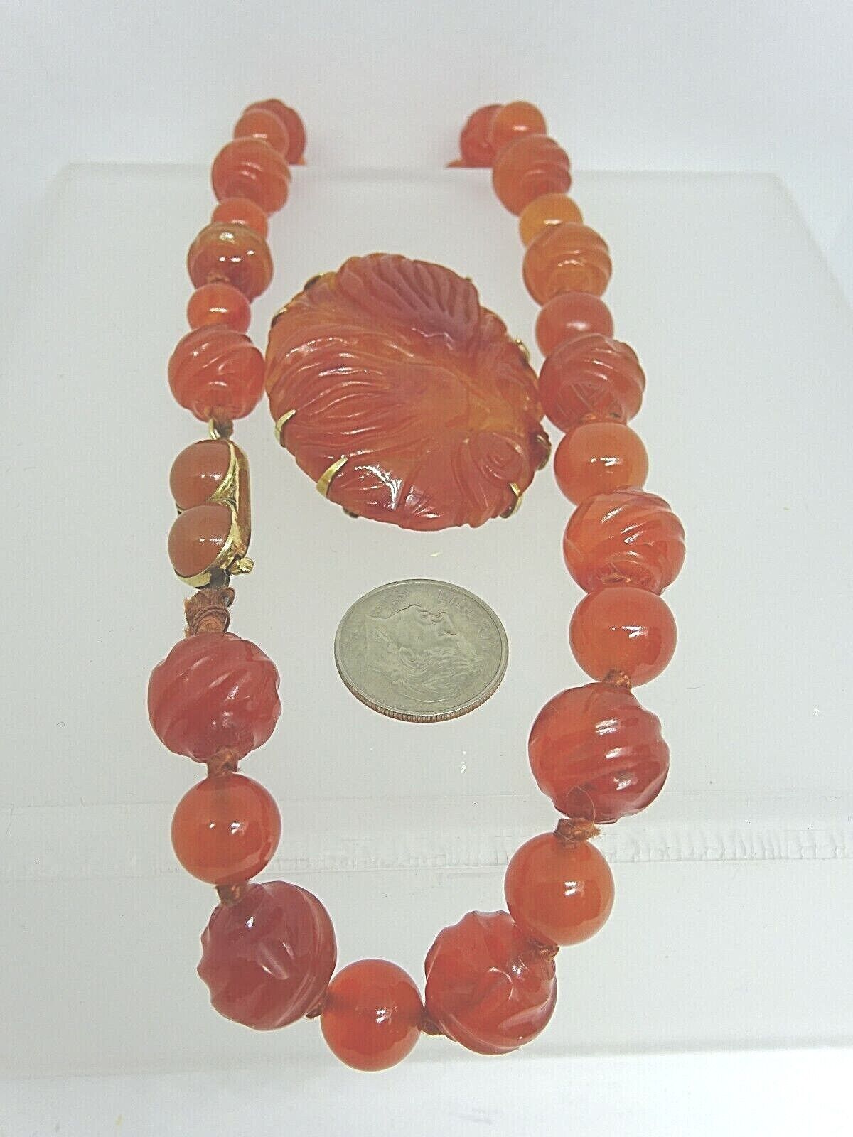 Vintage Carnelian Hand Knotted Carved Bead Necklace & Brooch Set 14k Gold Clasp