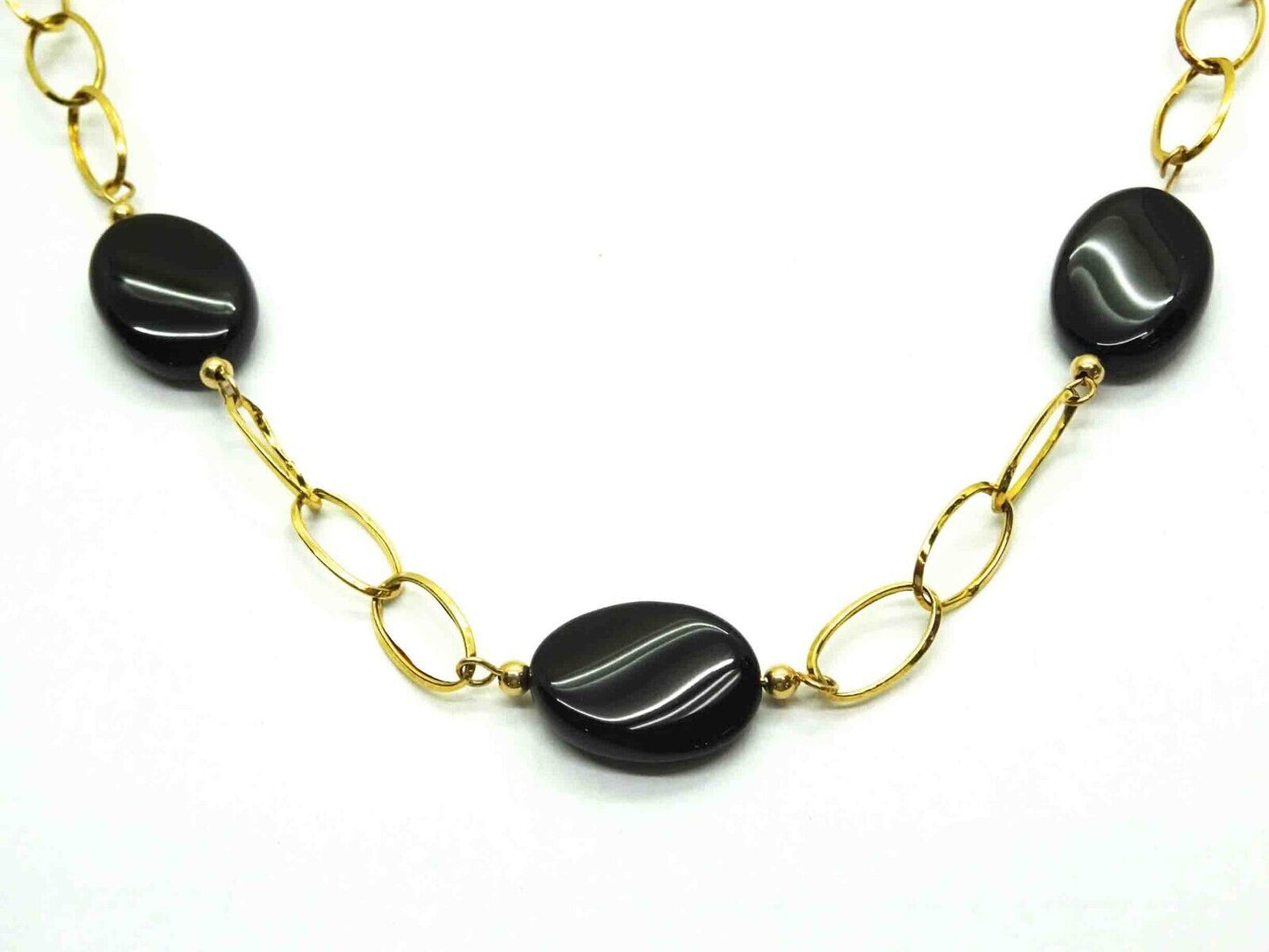 JJT Designer Black Onyx & 14k Gold Station Link Necklace 24"