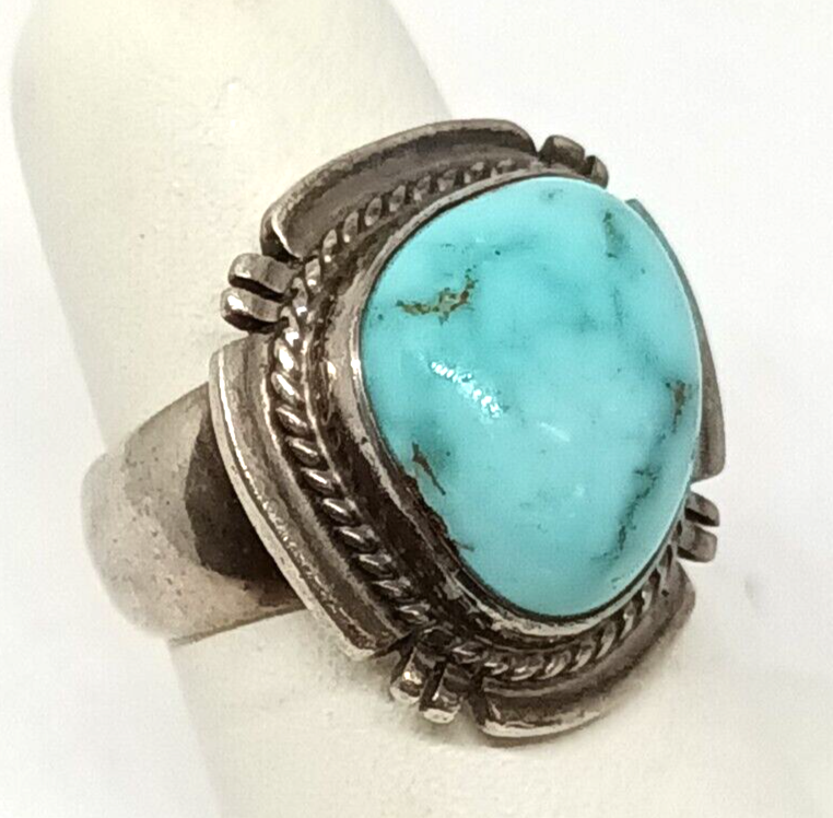 P. Sanchez Native American Signed Turquoise Sterling Silver Ring Size 6, 10.1g